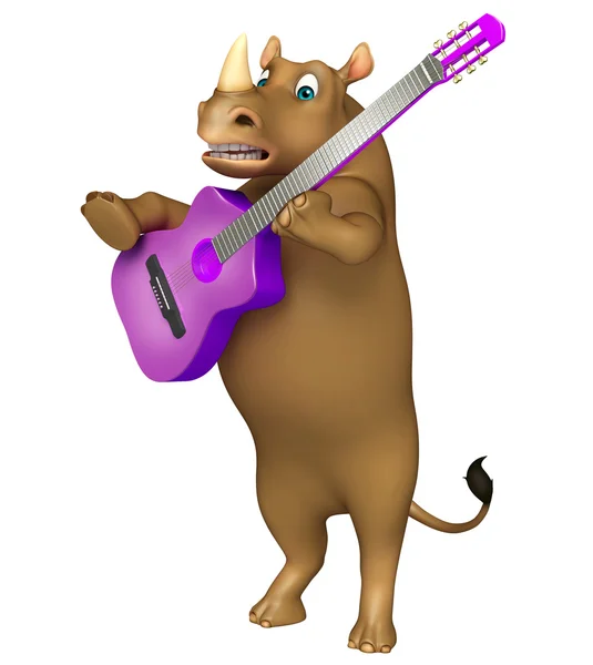 Весело Rhino мультипликационный персонаж с гитарой — стоковое фото
