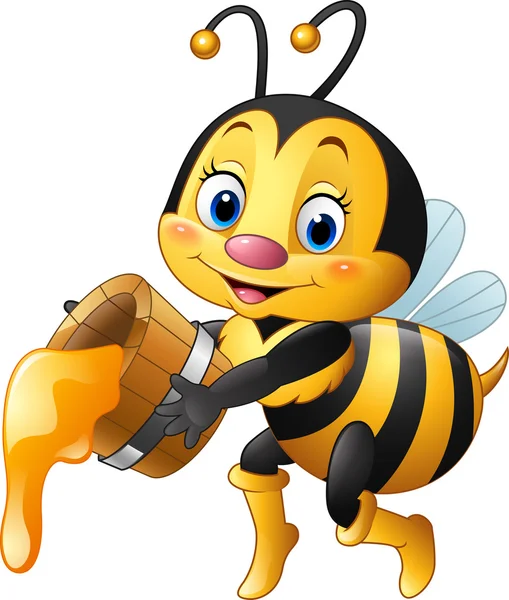 Мультфильм пчела, держа ведро с медом капель — стоковый вектор