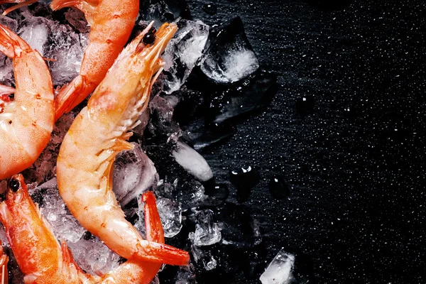 Фон еда, замороженные приготовленные креветки со льдом — стоковое фото