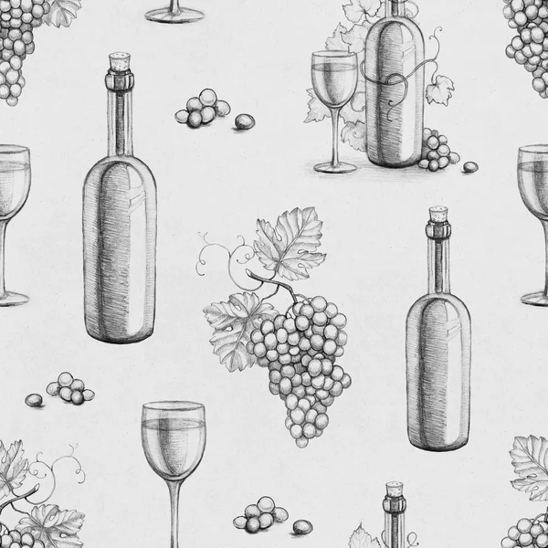 Бесшовный паттерн с карандашом рисунки бутылку вина и винограда — стоковое фото
