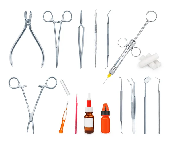 Набор средств медицинского оборудования для зубов стоматология на белые Ба Стоковое Фото