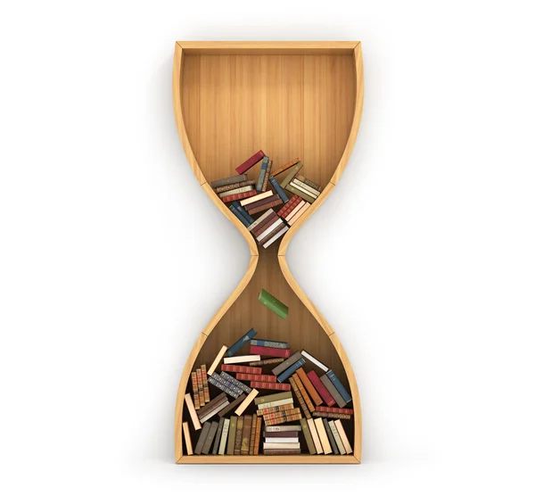Понятие времени для подготовки. Деревянные книжные полки, полный книг в f — стоковое фото