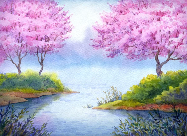 Весенний акварельный пейзаж. цветущие деревья по озеру Лицензионные Стоковые Фото