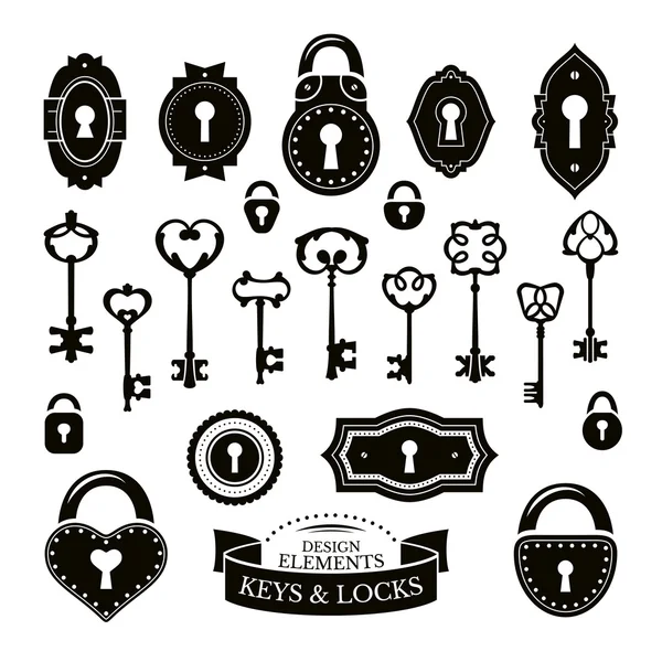 Набор различных старинных ключей и замочных скважин и замков — стоковый вектор