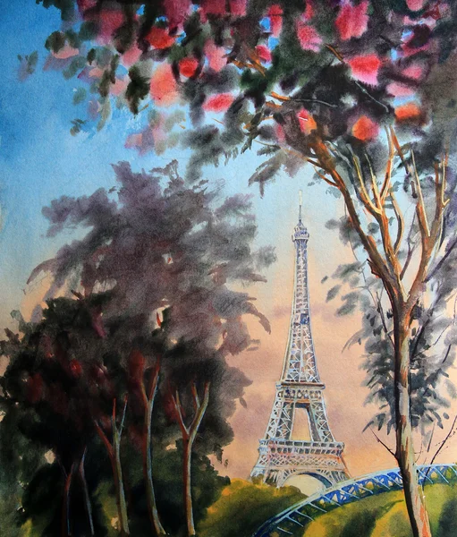 Акварель живопись пейзаж с Эйфелевой башней и цветущая весна дерево в Париже — стоковое фото