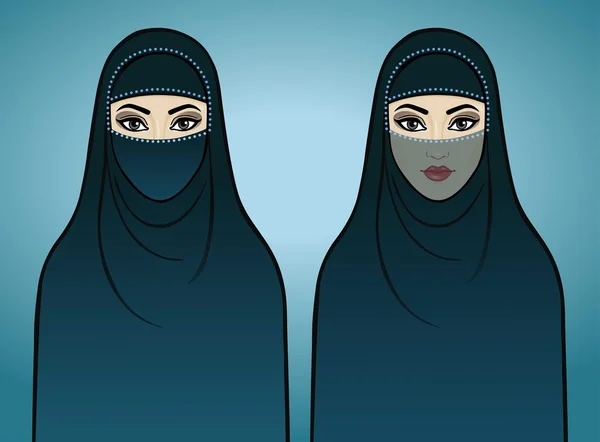 Две анимации арабских девочек в традиционной одежде. Изолированные на синем фоне — стоковый вектор
