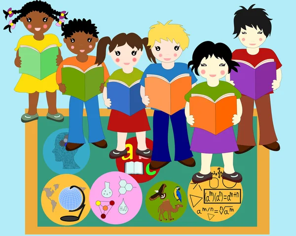 Дети разных рас с книгами в руках возле Школа бо — стоковое фото