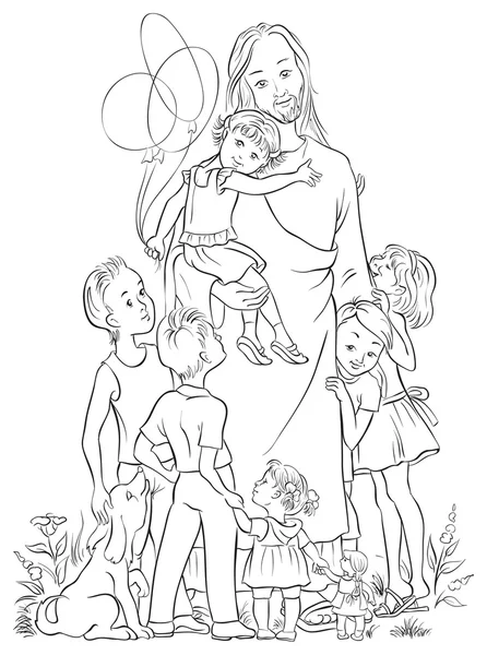 Иисус с детьми. Указывается версия — стоковый вектор