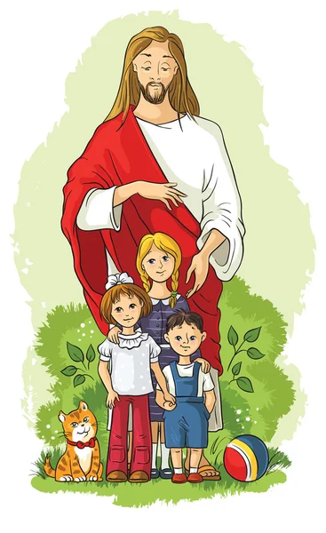 Иисус с детьми. также доступная обрисованная в общих чертах версия — стоковый вектор