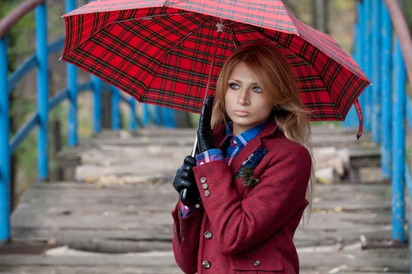 Красивая белокурая женщина стоит на мосту под зонтиком Лицензионные Стоковые Изображения
