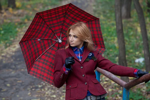 Довольно белокурая женщина с зонтиком в руках, позирующих на мосту Лицензионные Стоковые Фото