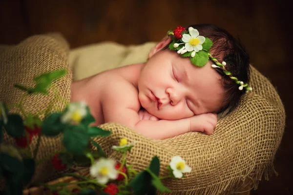 Новорожденный ребенок девочка имеет сладкие мечты в клубники — стоковое фото