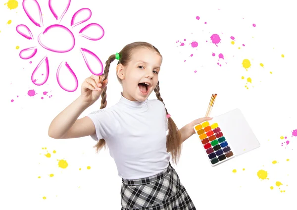 Портрет Счастливые девушки. Школьница рисует краски — стоковое фото