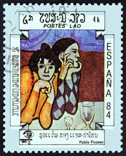 Лаос - около 1984: Марку, напечатанную в Лаосе от «Международная марка выставка Espana ' 84, Мадрид, Испания» выпуск показывает два арлекинов (Пабло Пикассо), около 1984 — стоковое фото