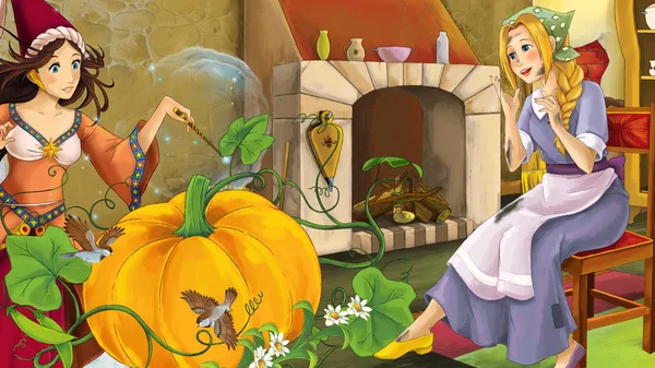 Мультфильм сцена с плохой девочкой и принцесса волшебница — стоковое фото