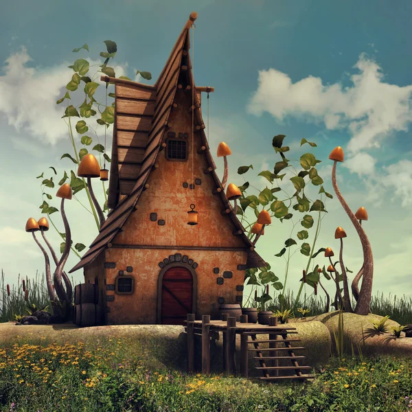 Сказочный дом с грибами и плюща — стоковое фото