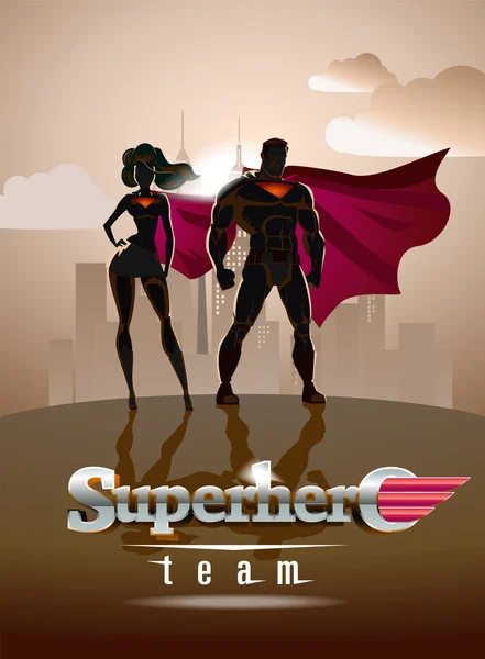 Плакат. Пара супергероев: Мужские и женские супергероев, позирует в Стоковый Вектор