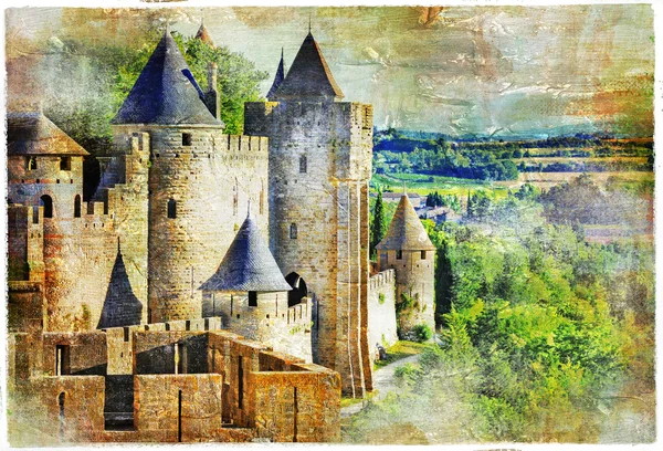Средневековый замок Каркасон, Франция, artisric картина — стоковое фото