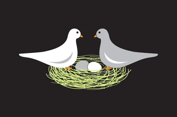 Птицы в гнездо с яйцами на черном фоне — стоковый вектор