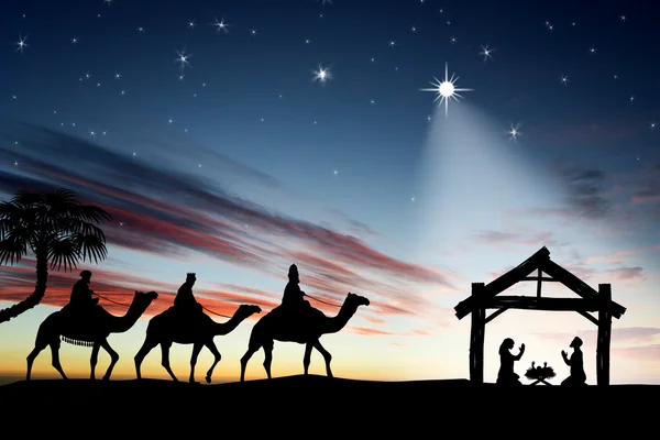 Традиционная христианская рождественская сцена рождества с этими тремя мудрецами Лицензионные Стоковые Фото