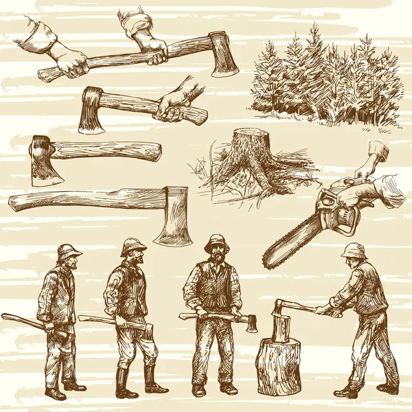 Лесорубы, резка дерева - рука нарисованные коллекции — стоковый вектор