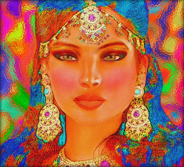 Цифровые абстракционизм лицо женщины индийского или азиатских, заделывают с красочные вуаль. Масляная краска эффект и светящиеся огни будут добавлены для более современного искусства выглядеть и чувствовать себя эта красота и Мода Сцена — стоковое фото