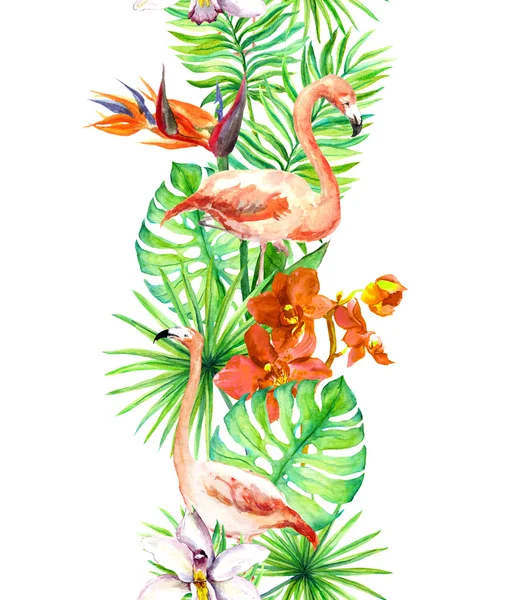 Tropical leaves, flamingo bird, orchid flowers. Seamless border. Watercolor frame Лицензионные Стоковые Фото