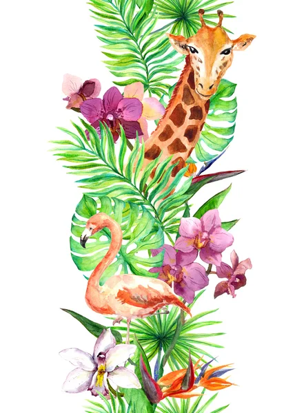 Tropical leaves, flamingo bird, giraffe, orchid flowers. Seamless border. Watercolor Лицензионные Стоковые Фото