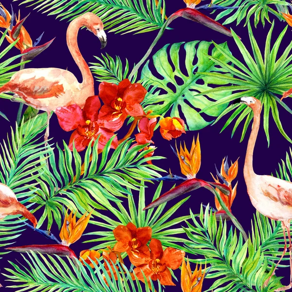 Tropical design: exotic leaves, flamingos, orchid flowers. Seamless pattern. Watercolor Лицензионные Стоковые Изображения