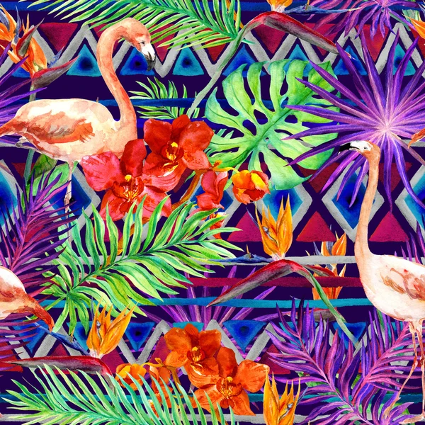 Племенной узор, тропический листья, Фламинго птиц. Неоднократные родной фон. Акварель Лицензионные Стоковые Фото