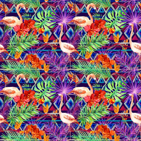 Племенной узор, тропический листья, Фламинго птиц. Неоднократные этнического происхождения. Акварель Стоковая Картинка