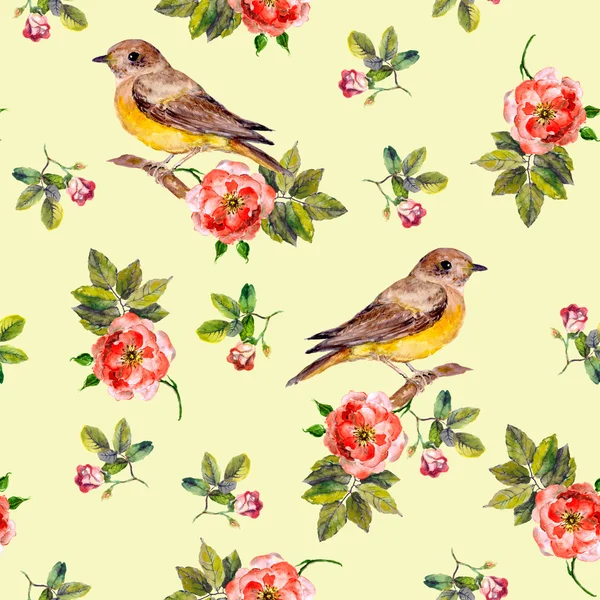 Довольно бесшовные желтый фон с розовыми цветами и птицами — стоковое фото