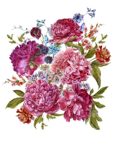 Акварель цветочный букет с бордовой пионы в винтажном стиле — стоковое фото