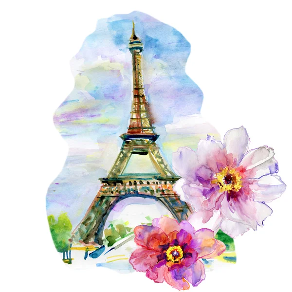 Ручная роспись Эйфелева башня с цветами — стоковое фото