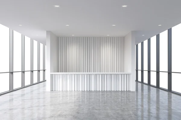 Зона приема в современном ярком чистом интерьере офиса. Огромные панорамные окна с белой копией пространства. Концепция бутик-консультационных услуг. 3D-рендеринг Стоковое Изображение