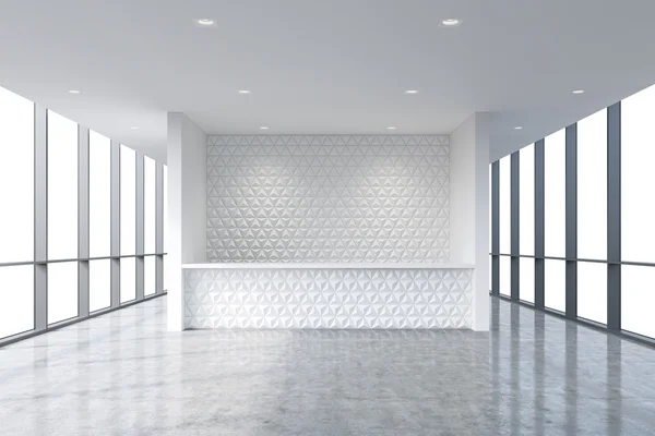 Зона приема в современном ярком чистом интерьере офиса. Огромные панорамные окна с белой копией пространства. Концепция бутик-консультационных услуг. 3D-рендеринг Стоковое Фото