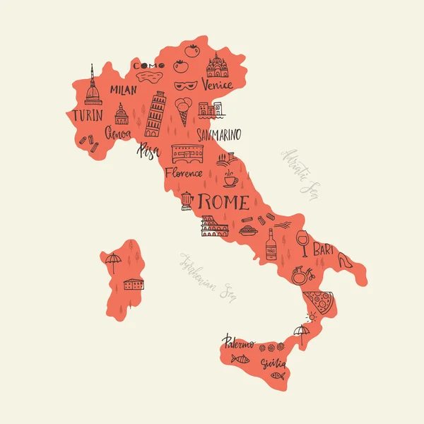Handdrawn символы Италии на карте — стоковый вектор