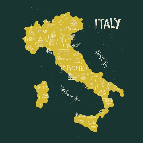 Handdrawn символы Италии на карте — стоковый вектор