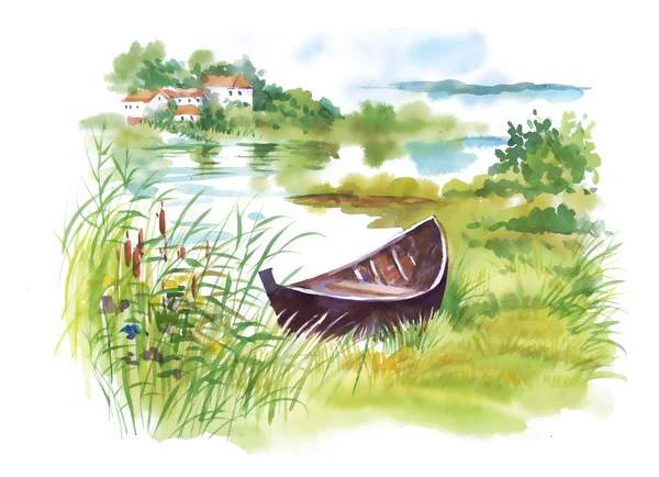 Сельский пейзаж с лодкой — стоковое фото