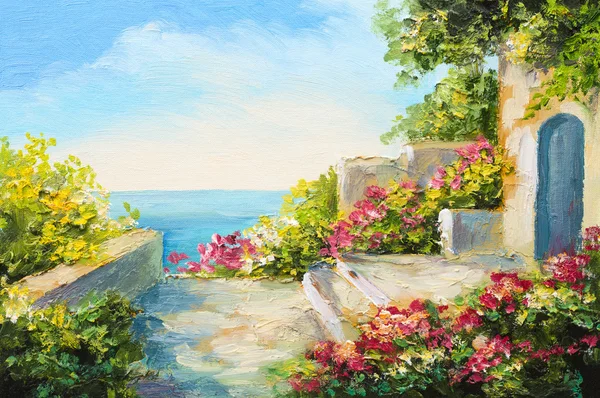 Картина маслом - дом возле моря, красочные цветы, Летний пейзаж Лицензионные Стоковые Изображения