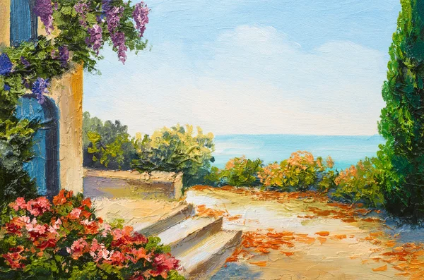Картина маслом - дом возле моря, красочные цветы, Летний пейзаж Стоковое Фото