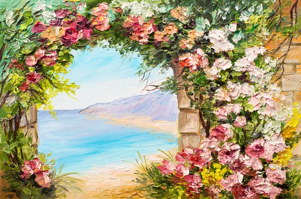 Пейзаж маслом - арка возле моря, цветы Лицензионные Стоковые Изображения