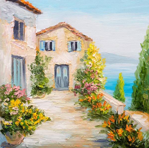 Картина маслом - дом возле моря, красочные цветы, Летний пейзаж Стоковое Изображение