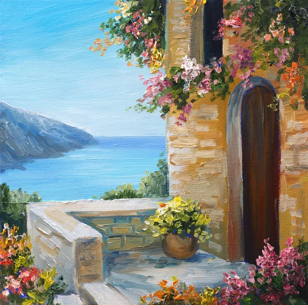 Картина маслом - дом возле моря, красочные цветы, Летний пейзаж Лицензионные Стоковые Фото