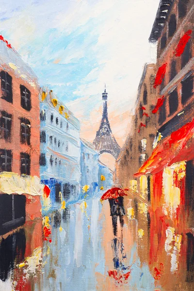Пара, ходить по улицам Парижа на фоне Эйфелевой башни, абстрактные картины маслом — стоковое фото