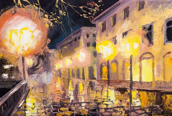 Ночь в Париже, уличный фонарь, красочные картины маслом Лицензионные Стоковые Изображения