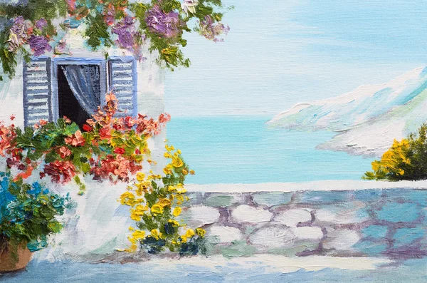 Пейзаж маслом - терраса на берегу моря, цветы Стоковое Изображение