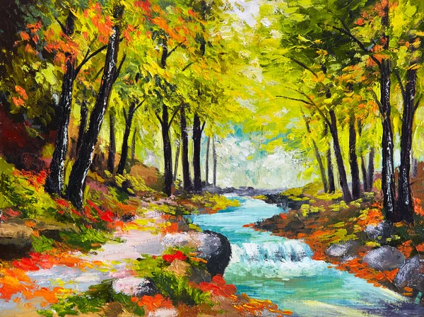 Пейзаж маслом - река в осеннем лесу Лицензионные Стоковые Изображения