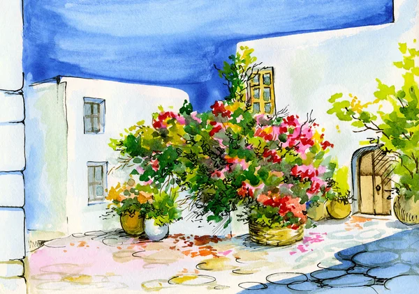 Акварельная живопись букет цветов в горшках на ветру — стоковое фото