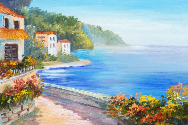 Картина маслом - дом возле моря, красочные цветы, Летний пейзаж — стоковое фото